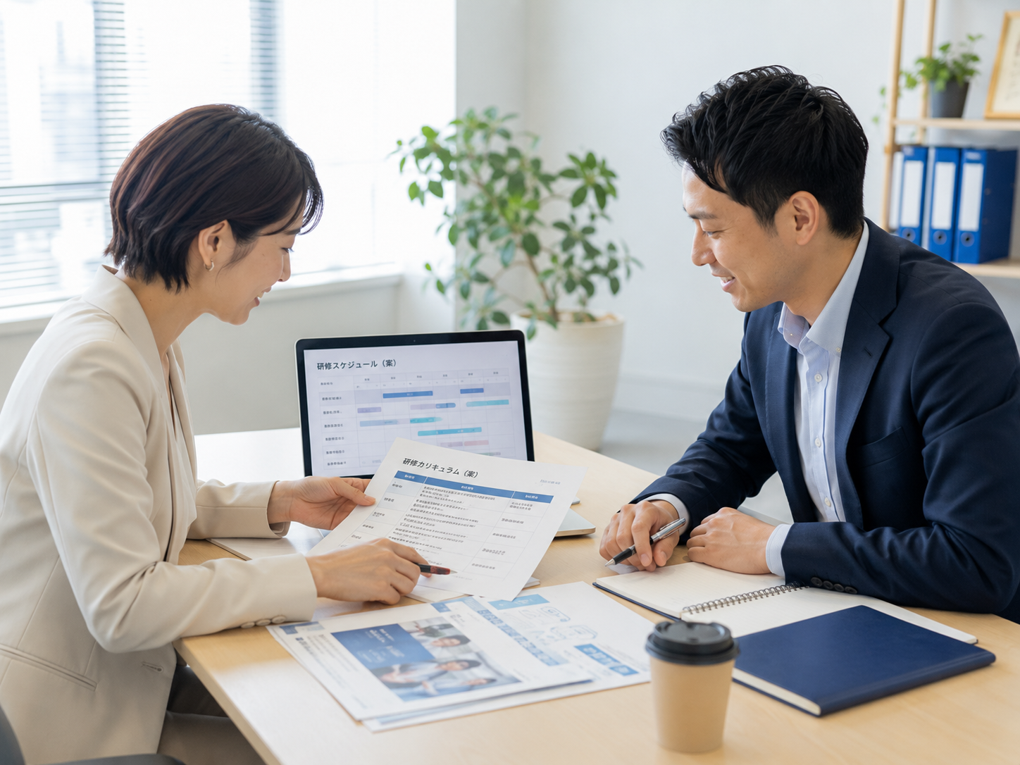 研修カリキュラムと実施スケジュールを確認する企業担当者